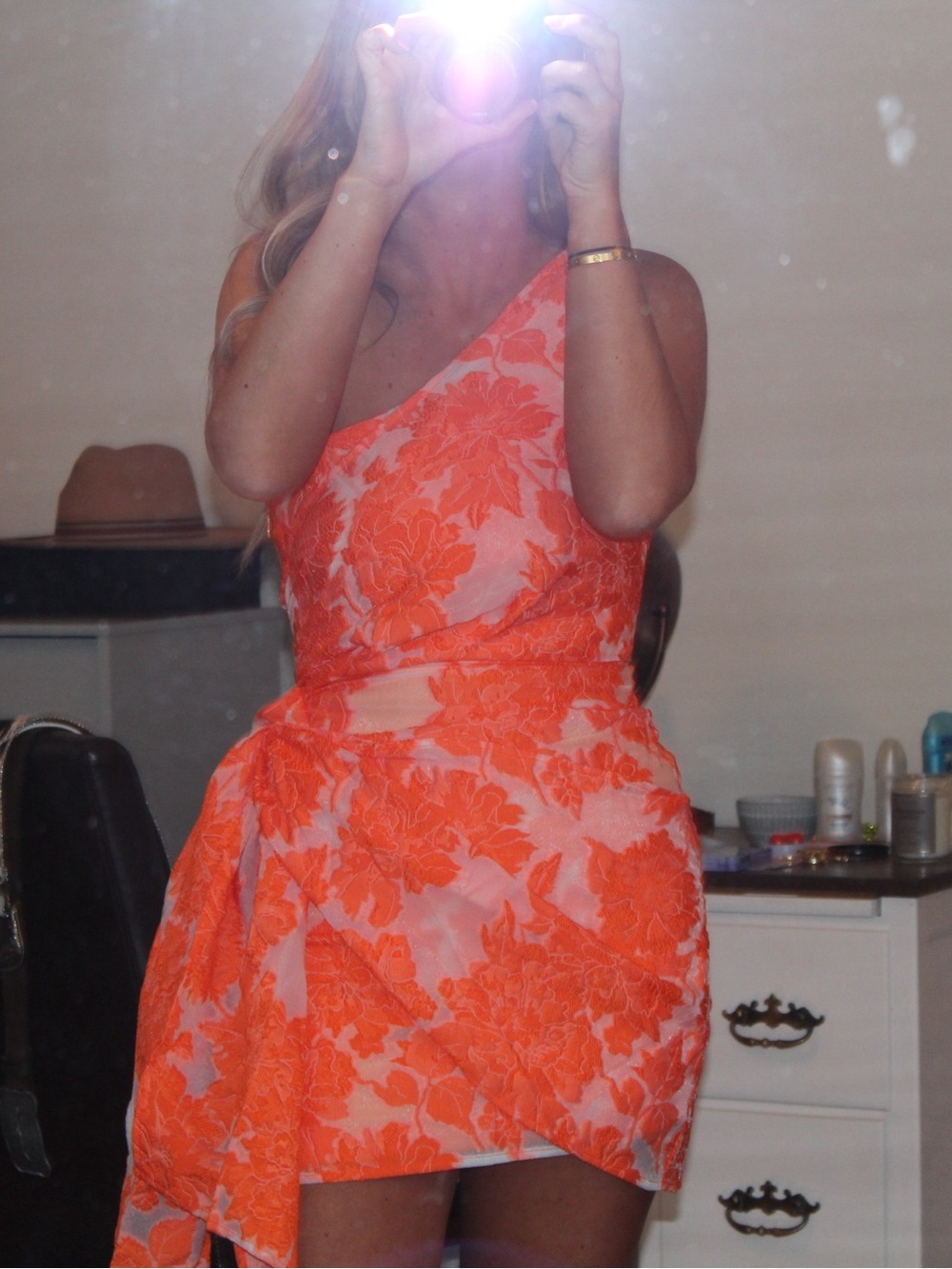 Showpo One-Shoulder Coral Orange Floral Lace Mini Dress